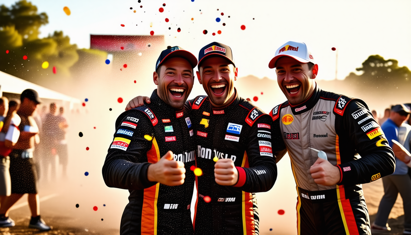découvrez comment sébastien loeb et didier auriol célèbrent avec enthousiasme le neuvième titre de champion du monde de rallye de sébastien ogier dans le wrc.